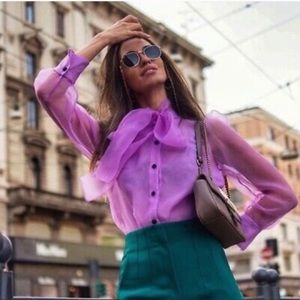 Zara Lilac Purple Organza Blouse w/ Bow NWOT